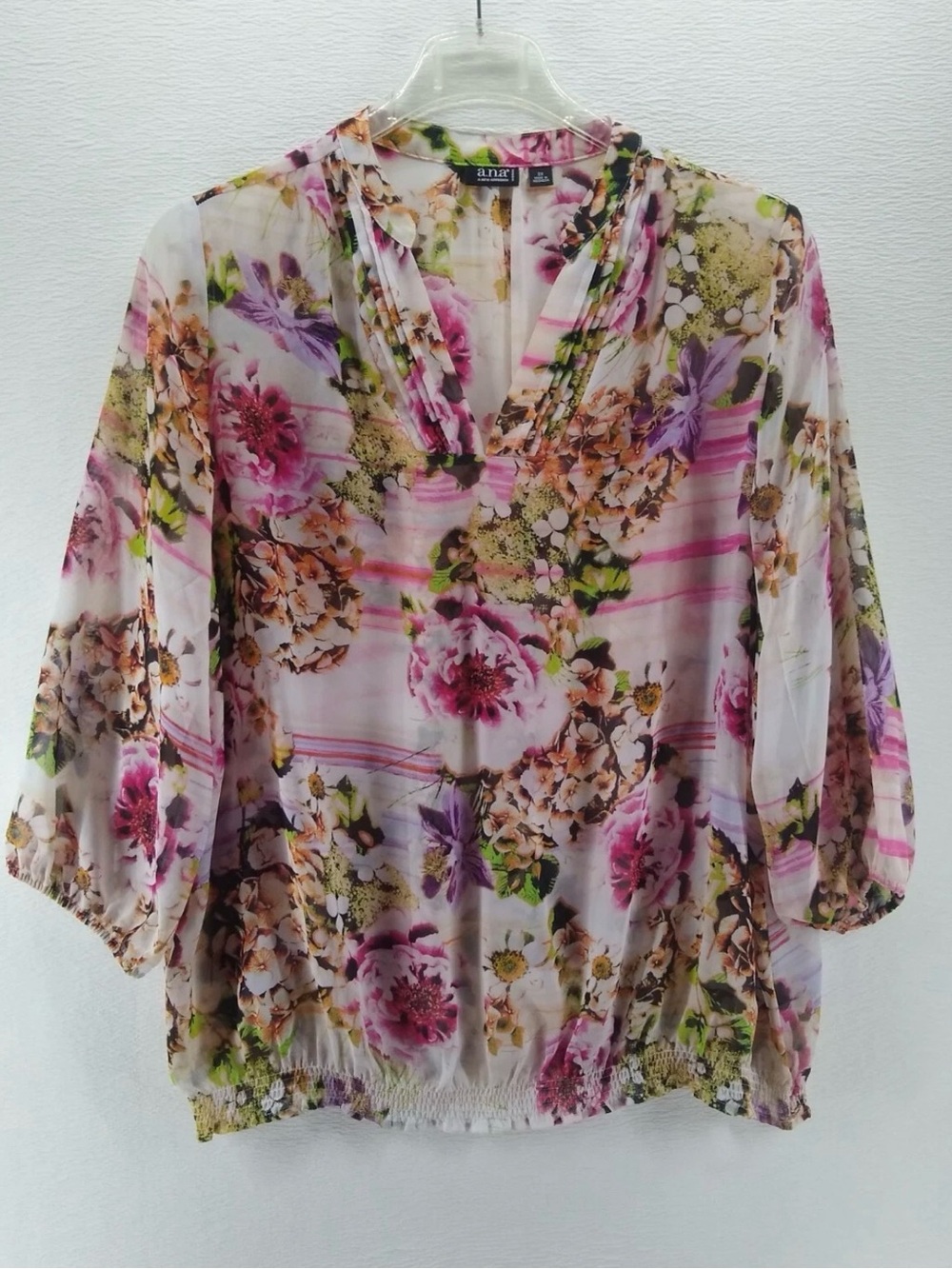 A.N.A ~ Blouse Women Sz 2X Plus Size Floral Top Semi Sheer V-Neck 3/4 Sleeves
